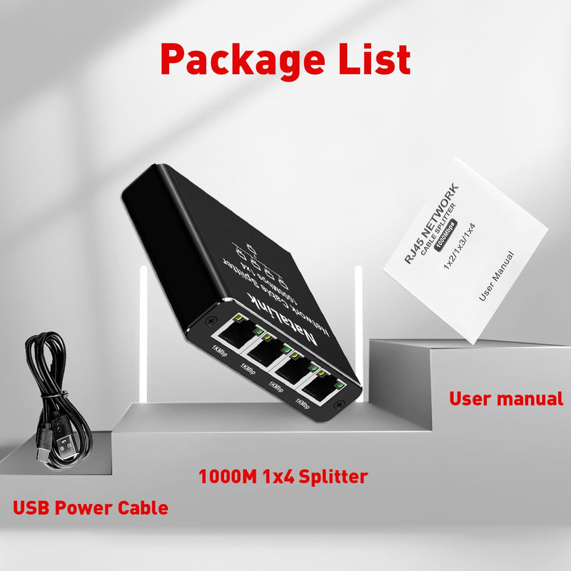Ethernet Splitter 1 to 4 Network Cable Splitter 1000Mbps High Speed RJ45 Internet Splitter Adapter with USB Power Cable for Cat 5/5e/6/7/8 Cable