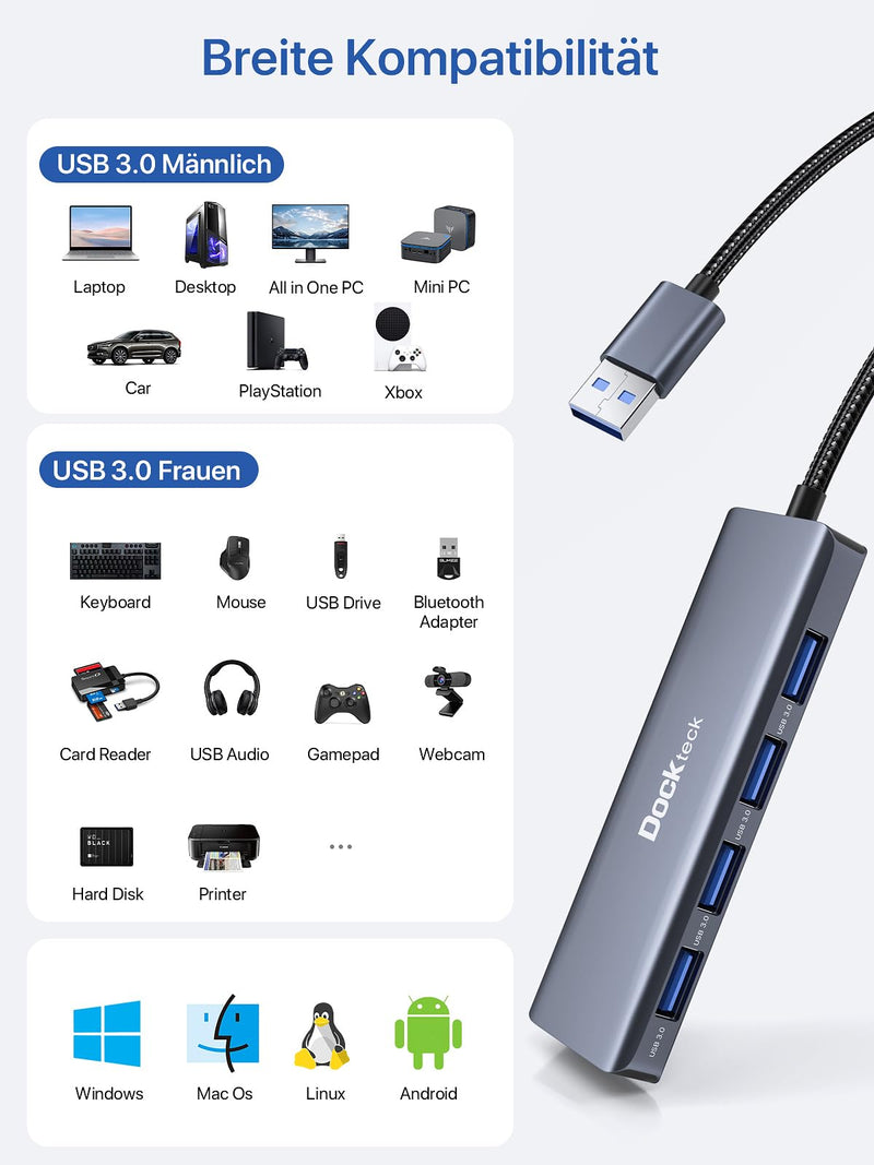 USB Hub, Dockteck 4-Port USB 3.0 Splitter, Aluminum 2ft USB Extender Compatible with MacBook,XPS, Surface Pro,Mac mini/Pro, iMac, Mouse, Keyboard, Flash Drive, HDD,Camera, and More