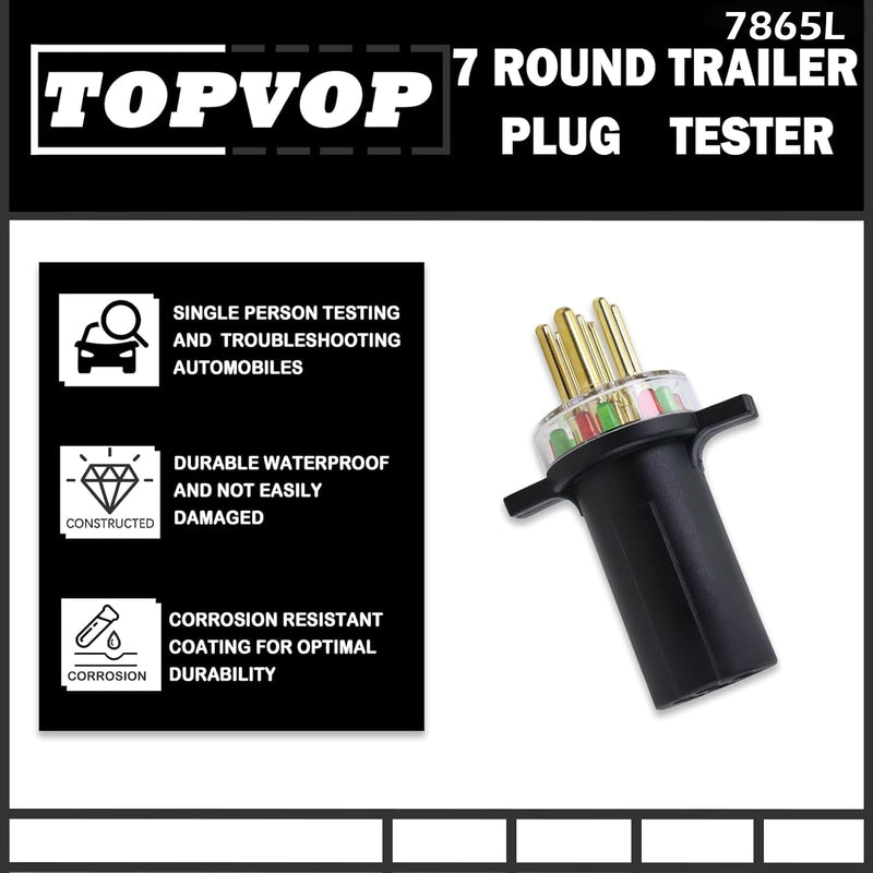 TOVOP auto #7865L 7-Way Round Pin Tractor Plug Tester Trailer Circuit, black