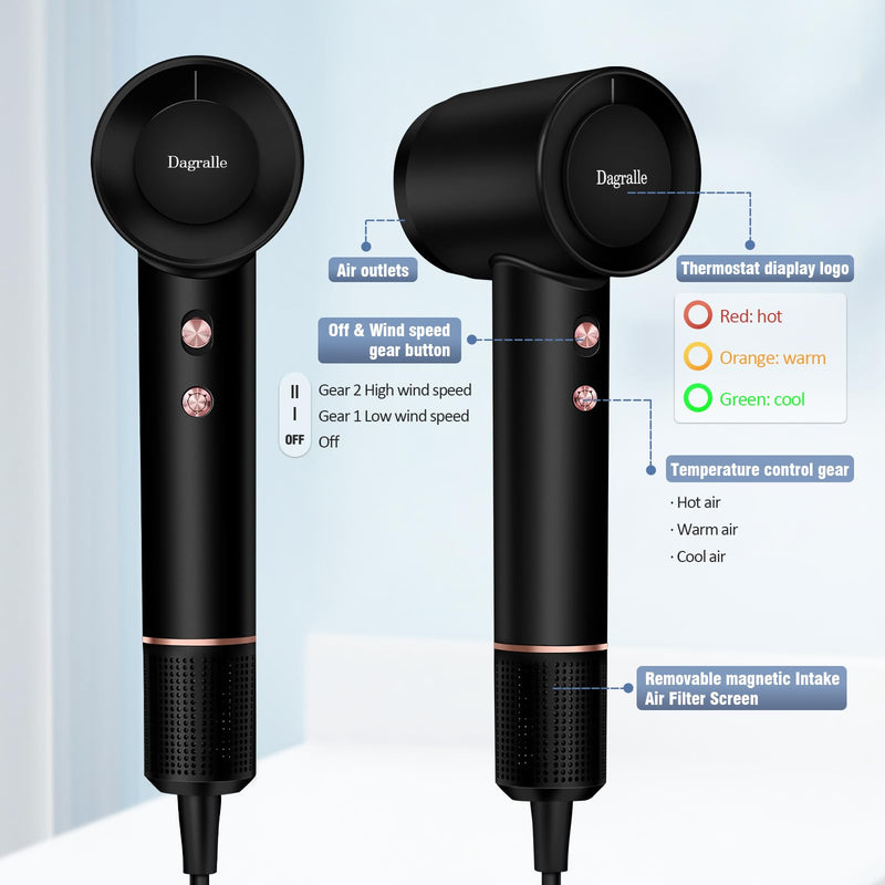 Hair Dryer, Professional Ionic Hair Dryer with 2 Speed Setting Cool/Warm Shot Button, 1600W Fast-Drying Blow Dryer, Low Noise Thermo-Control Hairdryer with Nozzle, Suitable for Women and Men