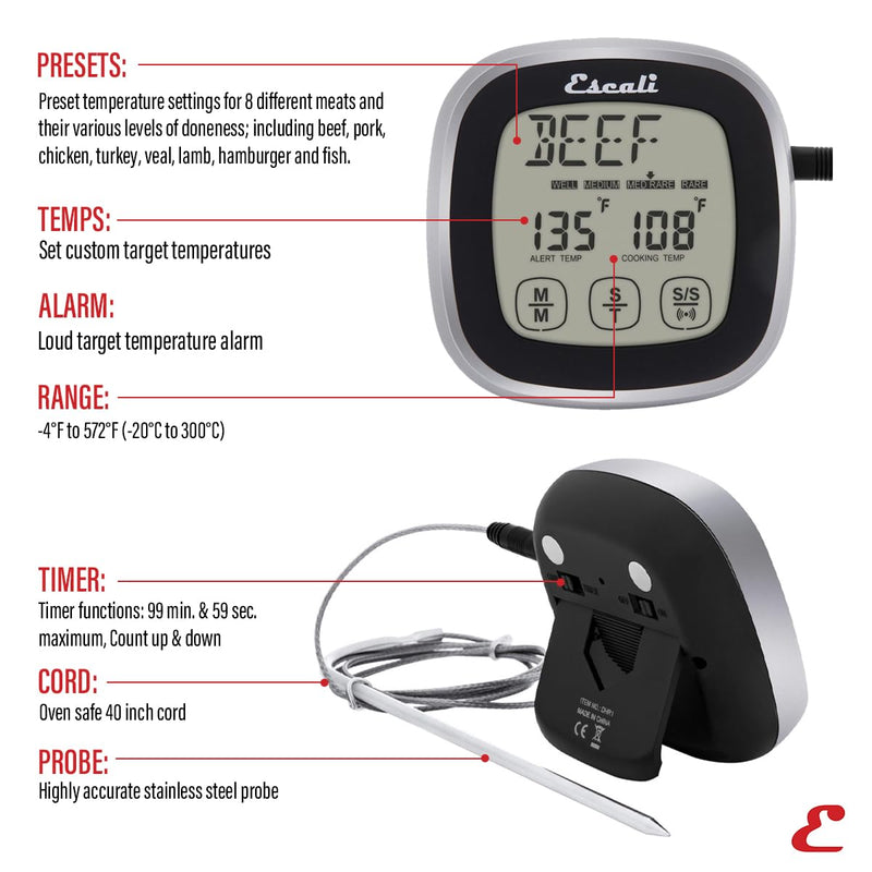 Escali Touch Screen LCD Display Digital Timer Oven Safe Stainless Steel Probe with Temperature Alert, Black