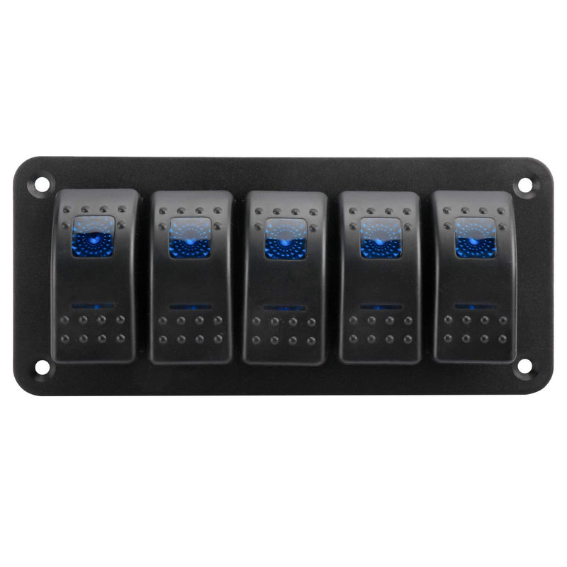 Amarine Made 12-24V Boat Switch Panel Illuminated Rocker Switch Aluminum Pre-wired Panel 2,3,4,5,6,8 Gang Toggle Switches Dash 5 Pin ON/Off 2 LED Backlit for Bus Boat Car Marine Blue LED IP65 (5 Gang)