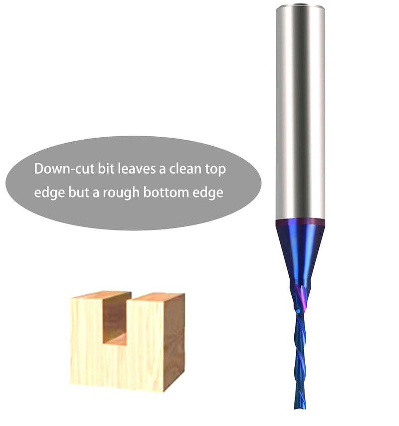 Carbide Plunge Down Cut 1/16 inch Cutting Dia 1/4 inch Shank Solid Carbide End Mill with Nanco Blue Coating CNC Router Bits for Wood Cut 3D Carving Engraving BRD222 DashHound 2PCS down cut 1/4"S×1/16"D×1/2"CL×2"OVL 2