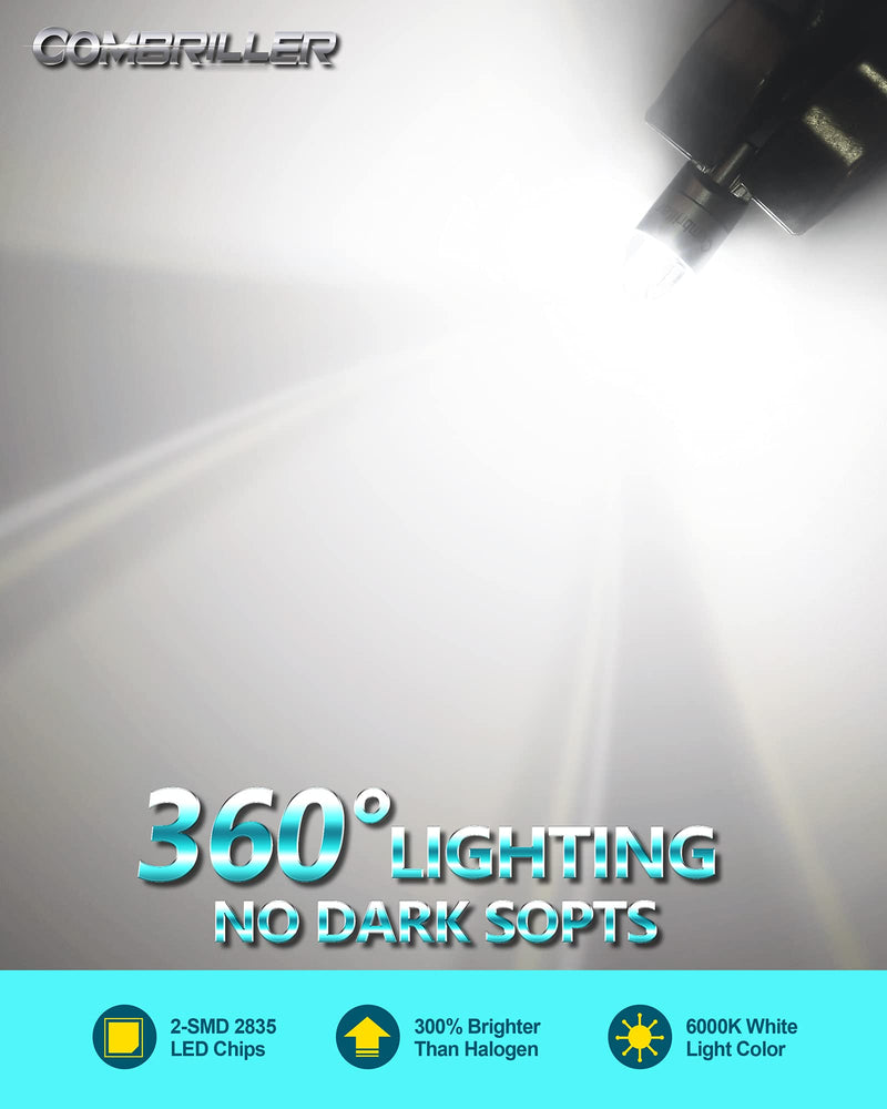 Combriller 194 LED Bulb 6000K White, Error Free 194 168 LED Bulb T10 2825 w5w Led Interior Car Lights for Car License Plate Light Dash Lights Interior Dome Map Door Marker Courtesy Light, Pack of 2