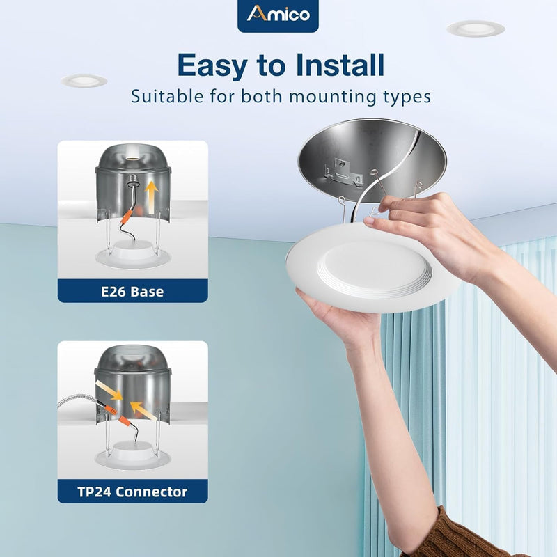 Amico 4 Pack 5/6 inch 5CCT LED Recessed Lighting, Dimmable, 12.5W=100W, 950LM, 2700K/3000K/4000K/5000K/6000K Selectable, Retrofit Can Lights with Baffle Trim, IC Rated - ETL & FCC, White 6 Inch