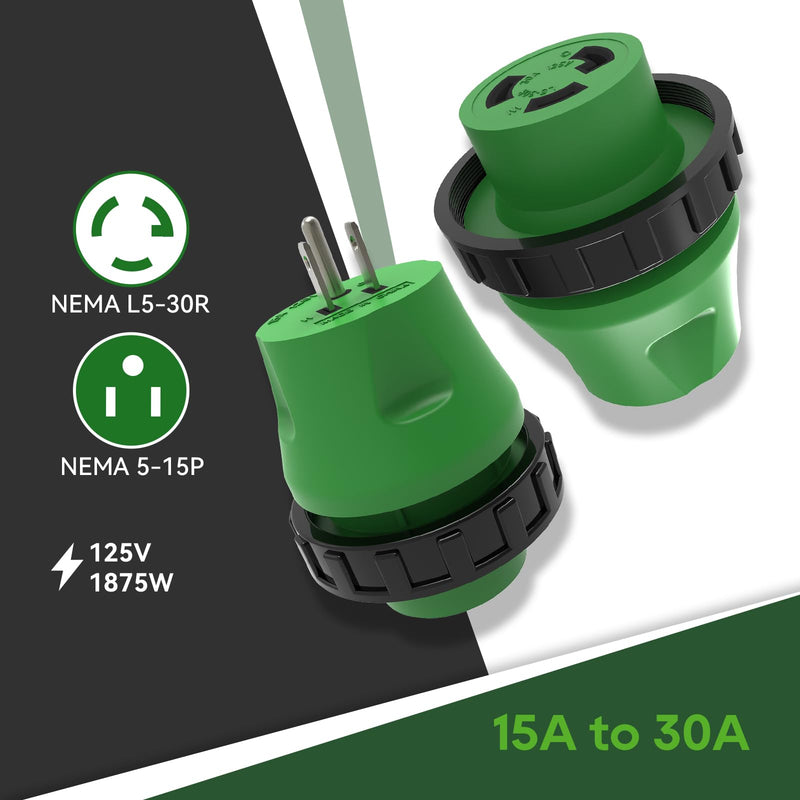 RVGUARD 30 Amp to 110 Volt RV Adapter Plug with Locking Connector, NEMA 5-15P to NEMA L5-30R Electrical Power Adapter, Green 15M/30F