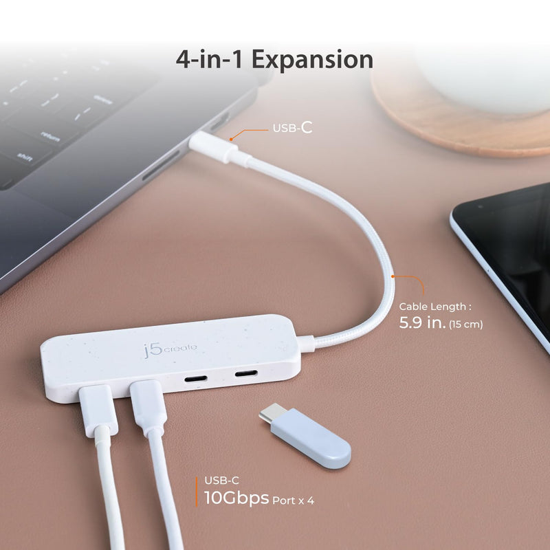 j5create 4-in-1 USB-C to 4-Port 10Gbps Type-C Hub, Eco-Friendly, Compatible with MacBook Pro, MacBook Air, iPad, Mac mini, Windows Laptop, and More(JCH345EW) Natural White