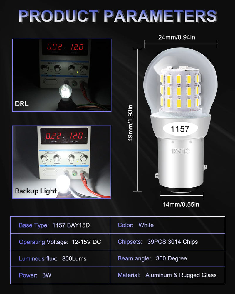 Alopee 2-Pack 1157 LED Bulb White 12V-15V DC BAY15D Bulb 39SMD 3014 Chip Waterproof High Brightness for Reverse Backup Lights Compatible with 2357 7528 2057