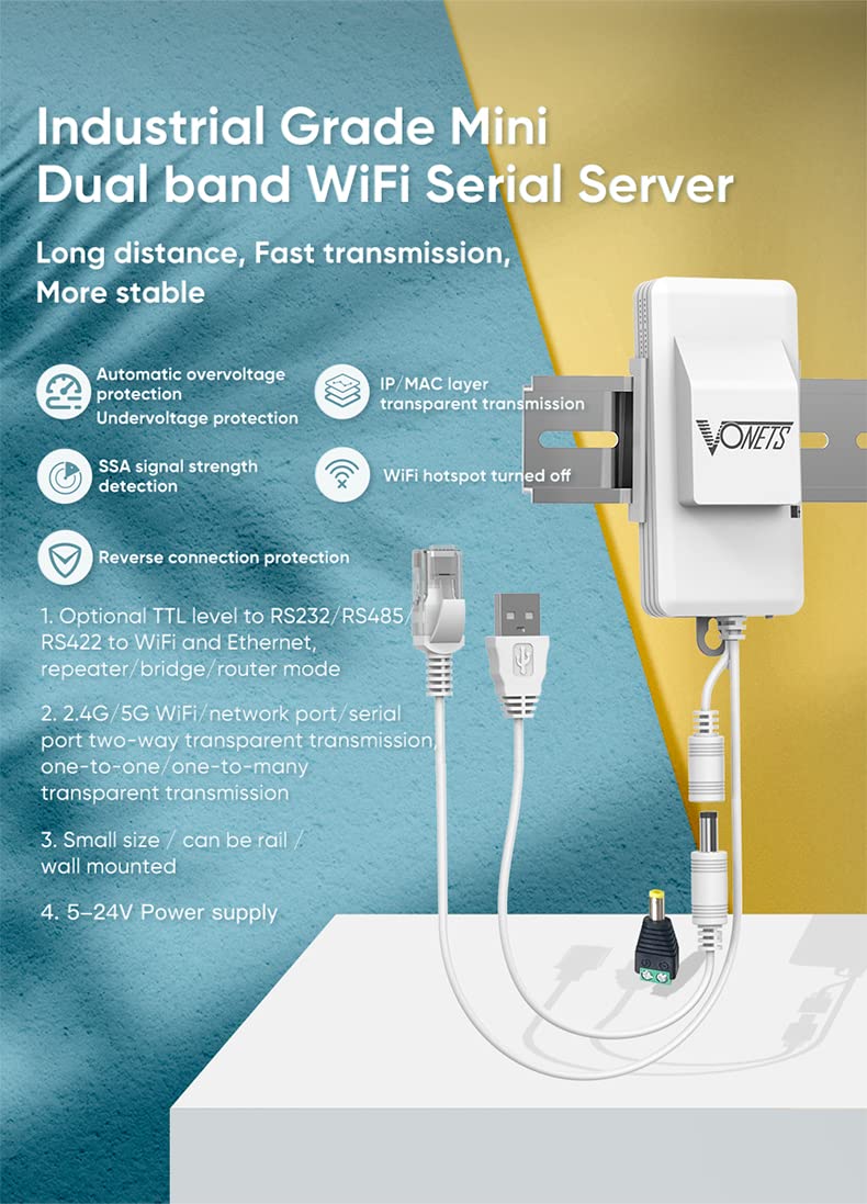 VONETS Industrial Dual Band 2.4GHz/5GHz WiFi Serial Port Server/WiFi Bridge Wireless Repeater Mini Router, WiFi Signal Extender Hotspot Cover for Medical Devices, AGV, Network Devices VAP11S-D232