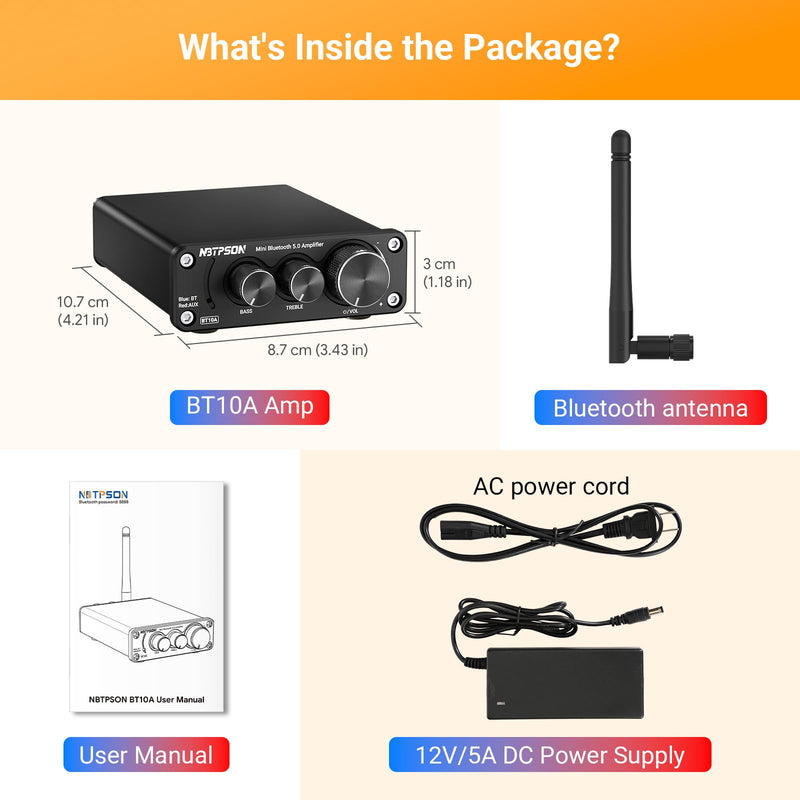 BT10A Bluetooth Stereo Amplifier, 100W x 2 Mini Class D Power Amplifier Receiver for Passive Speakers, 2 Channel Home Audio Amp with Bluetooth, for Bookshelf, Ceiling, Garage, Patio -TwoTPA3116 Chips