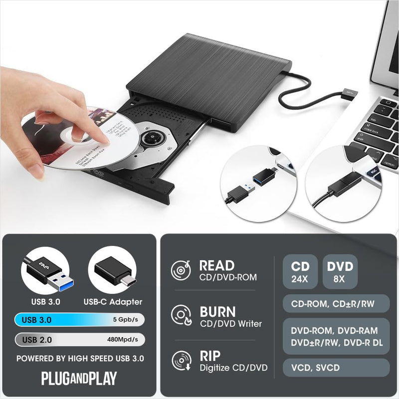 ROOFULL External CD DVD Drive for Laptop, Genuine USB 3.0 Portable CD/DVD Player Burner Reader Writer Adapter for Windows 11/10 Computer Mac MacBook Linux PC 2 In 1 Drive