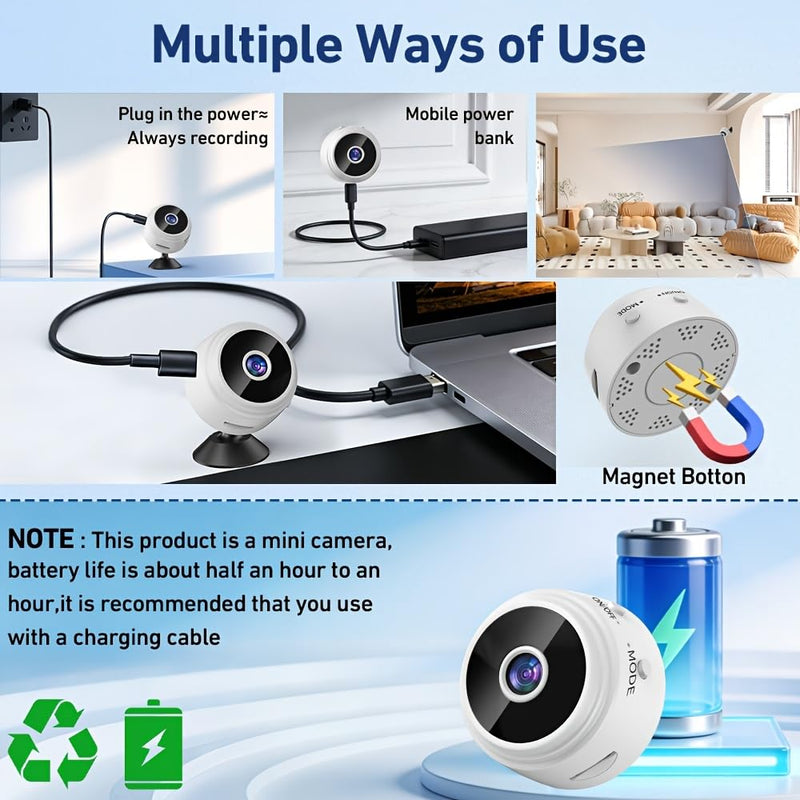 Mini WiFi Camera Indoor Wireless Security Camera with Micro SD Slot, Portable Smart Home Monitor, Magnetic Mini Camera for Office Travel Room white 2