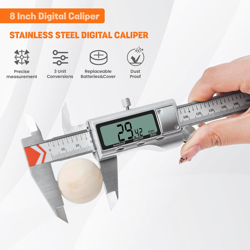 Digital Caliper, HARDELL Caliper Measuring Tool-All Metal Caliper with 2 Batteries, Inch Metric Fraction Large LCD Screen Digital Micrometer, Digital Caliper 8 Inch for Household/DIY
