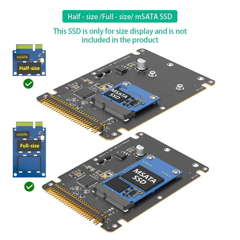 MSATA to 44 Pin IDE Adapter, Support Half Size and Full Size mSATA SSD, Compatible with 2.5" ID, (Black)