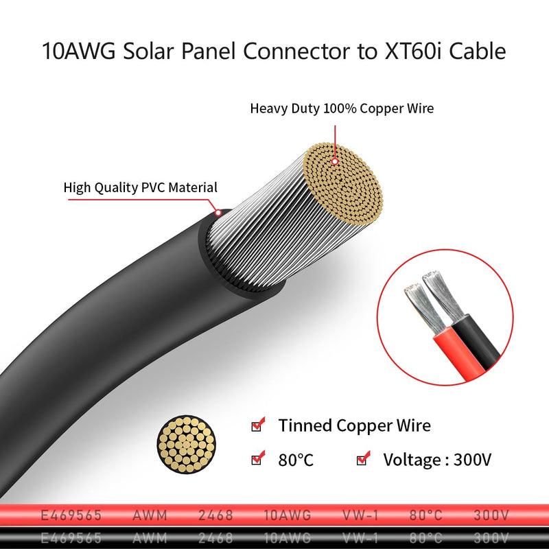 10AWG 2FT Solar to XT60i Cable 2 10 25 35 50 75 100FT Solar Connector to XT60i Adapter Cable for Portable Power Station (2FT) 10AWG Solar to XT60i Cable