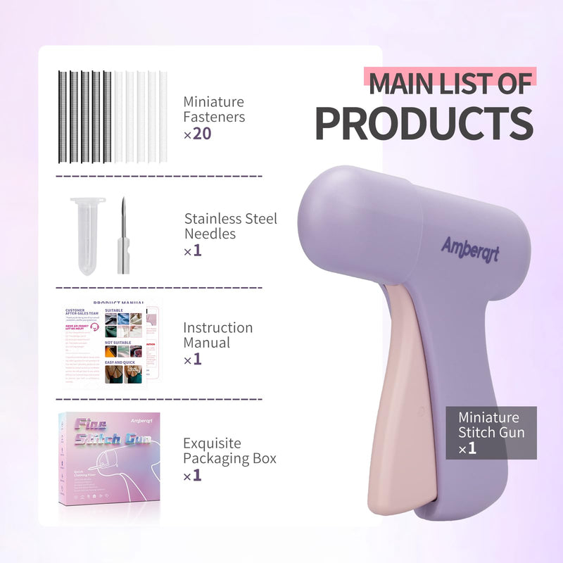 Stitch Gun for Clothes, Handheld Quick Tagging Gun for Clothing Fixer, Mini Clothing Sewing Kit, Includes Tool, Needle, and 1000 Black Fasteners & 1000 White Fasteners (Purple) Purple