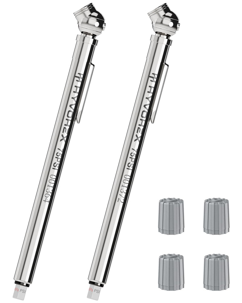 Pencil Tire Pressure Gauge 2 Pack with Valve Caps, Stainless Steel Body Tire Gauges for Tire Pressure with Deflator Valve, Metal Nozzle Tire Gauge for Cars, Pickups, RVs, Bicycles