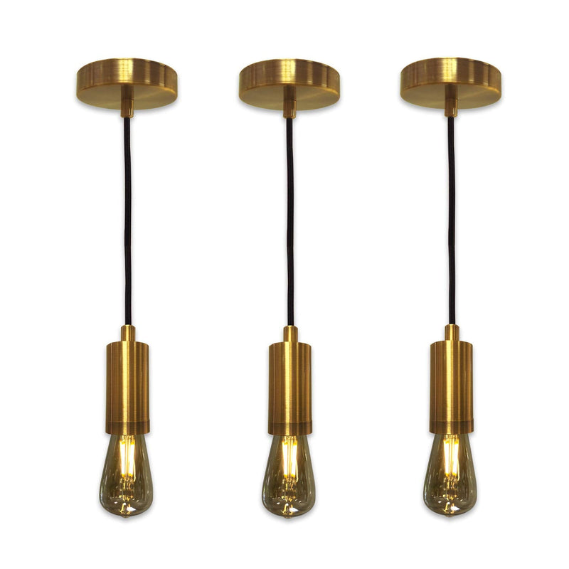 Royal Designs, Inc. Hanging Pendant Lighting Keyless Cylinder-Shaped Pendant Light Socket and Canopy, Gold Finish with Brown Rayon Fabric Cord Cyliner-Shaped / Gold Single