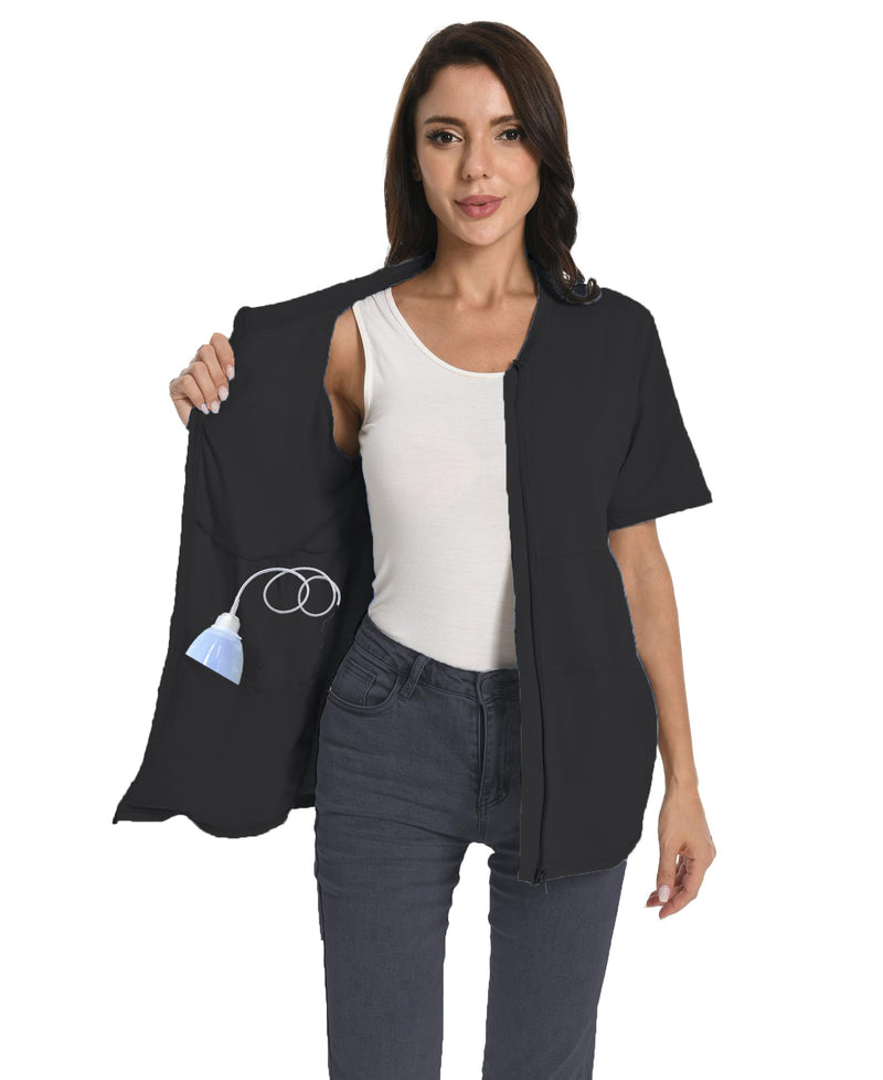 Post Mastectomy Zip Up Shirts with Drain Pockets Surgery Recovery Must Haves Clothing Comfy Short Sleeve Shirts Black Large