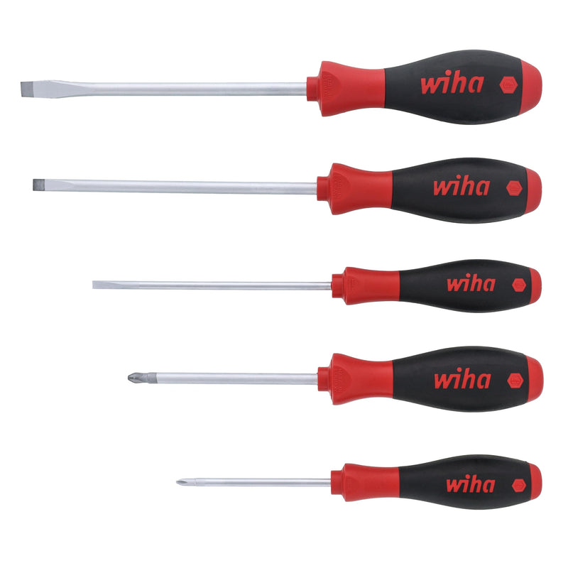 Wiha 30277 SoftFinish Screwdriver Set, 5 Piece, Slotted & Phillips, Cushion Grip Handles, Chrome Finish 5 Piece SoftFinish Slotted and Phillips Screwdriver Set