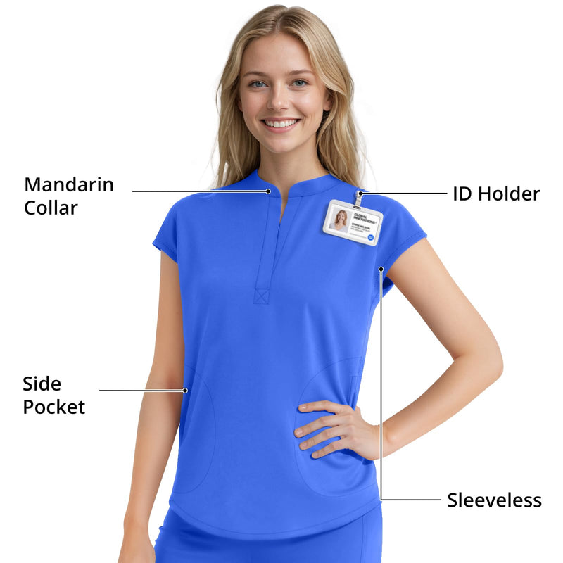 Women's Sleeveless Scrub Set,9-Pocket Straight Leg, Yoga Waist | Stand-up collar top, straight leg pants w/ side slits. Soft stretch knit. Yoga waist. Wrinkle-free. For nurses/docs/vets. Medium Royal Blue