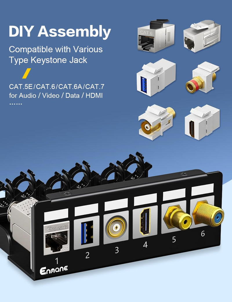 6 Port Patch Panel Blank Keystone Patch Panel STP&UTP Compatible with LC/SC/ST/FC/USB/HDMI Keystone Jack for Desk Mount Home Ethernet Termination Box 1u 6Port