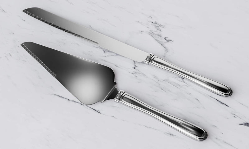 Grace Cake Knife and Server Set - Silver Wedding Cake Knife and Server Set That Features 3 Crystals Embedded on the Handles | Use Cake and Knife Wedding Server for Weddings, Anniversaries or Birthdays