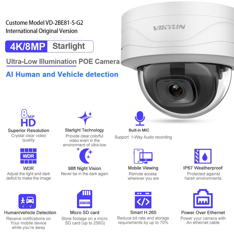 4K Starlight 8MP IP POE Security Dome Camera Outdoor,Tripwire & Intrusion,Human & Vehicle Detection,Low Illumination 98ft Night Vision, Built-in Mic,SD (256GB), H.265, POE, IP67, IK10 Ivory White 8MP 2841E Starlight