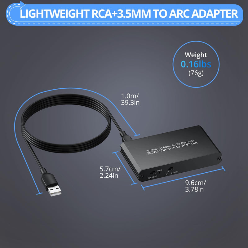 CAMWAY Analog to Digital Audio Converter - 3.5mm to ARC, RCA to ARC for Old TV,Computer,MP3 Player,Projector to Soundbar ARC Stereo Sound,Pro Chip,Dual Analog Inputs,Plug-Play for Home Audio Party