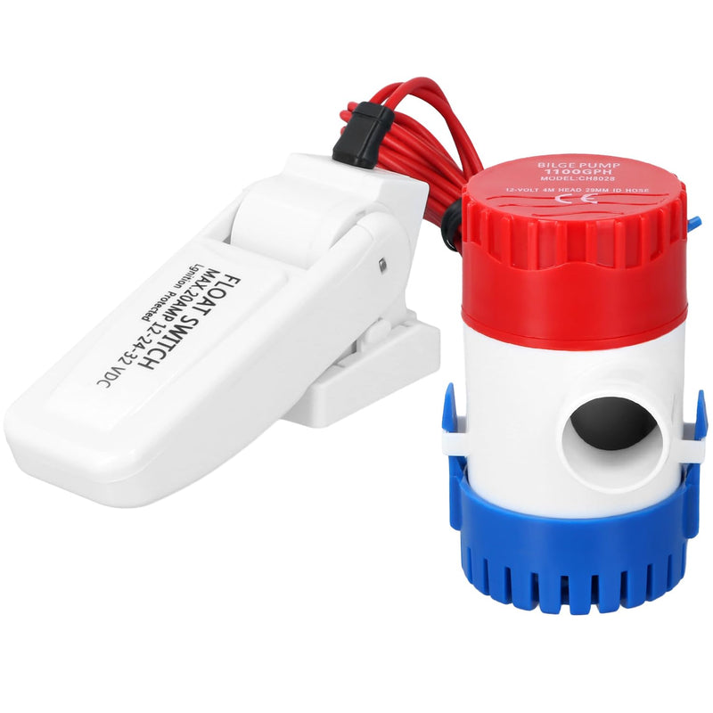QWORK 1100 GPH 12V DC Automatic Bilge Water Pump and Float Switch Combo for Boats, Marine, RV, Aquariums - Compact, High Flow