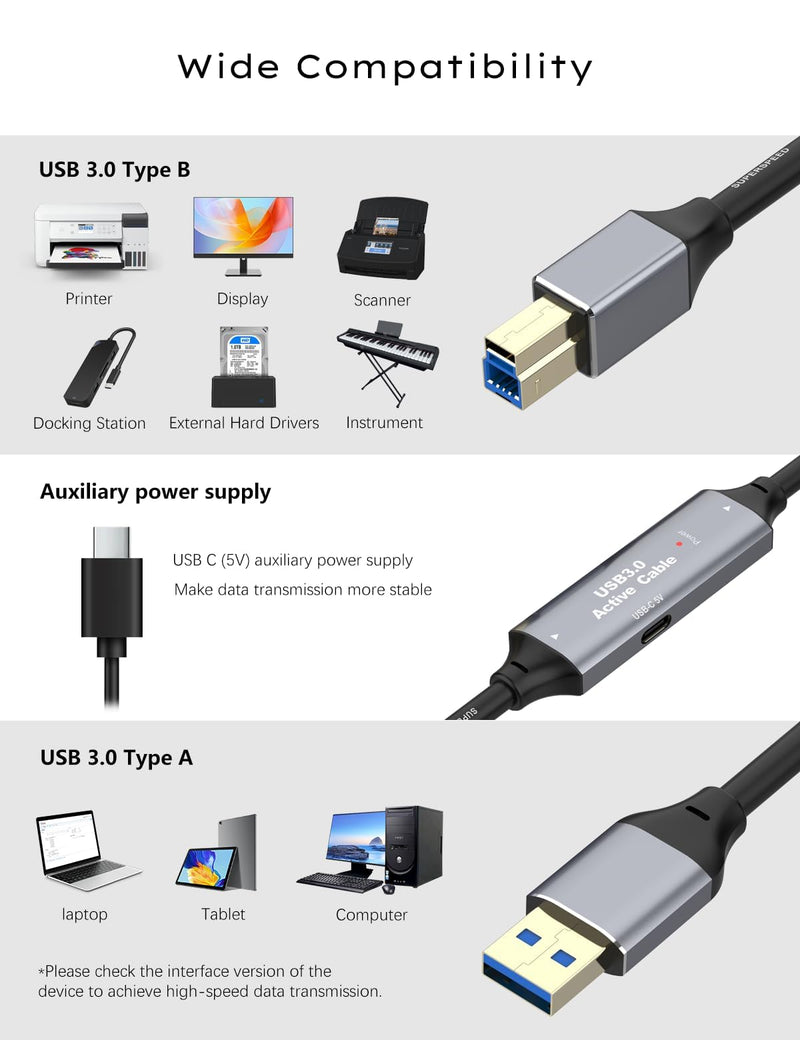 50FT USB 3.0 Printer Cable, USB A to B Cable, 5Gbps High-Speed with 2 Signal Boosters and USB Power Cord for Printers, Scanners, Docking Stations, External Hard Drives and More