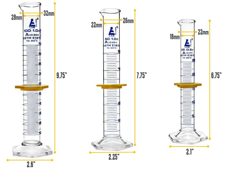 EISCO Premium Graduated Cylinder Set - 25mL, 50mL & 100mL - ASTM, Class A - Protective Collars, Hexagonal Base - Blue Graduations - Borosilicate 3.3 Glass