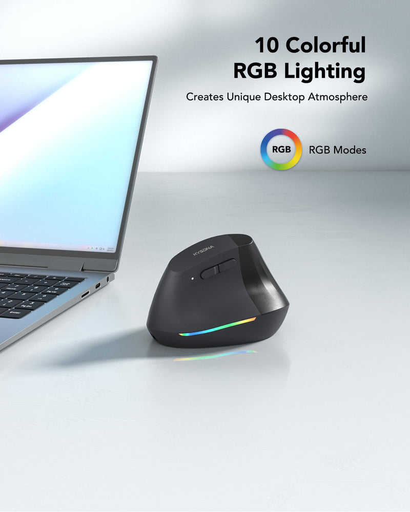 Wireless Ergonomic Mouse, Rechargeable Bluetooth Vertical Mouse for Laptop/Computer/Ipad/Mac, Quiet Click, 10 Color LED, 5 Adjustable DPI, Wrist Strain Relief, USB-A Optical Mice for M/L Hands, Black