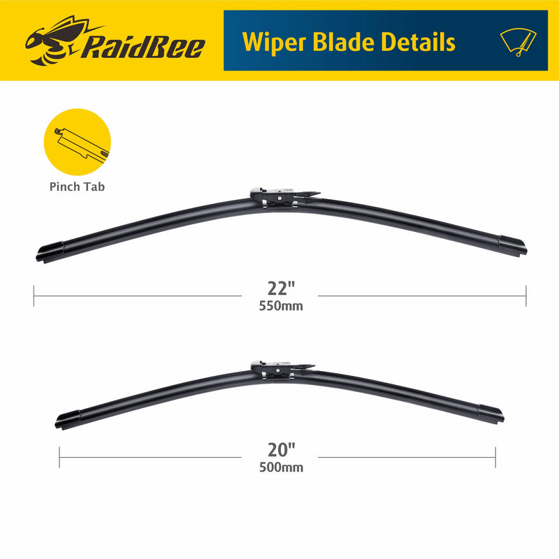 Raidbee® 22"+20" Windshield Wiper Blades Replacement For Ford Mustang 2021 2020 2019 2018 2017 2016 2015 2014 2013 2012 2011-2007 Lincoln MKZ 2020-2013 Windshield Wiper Blades For My Car Set of 2 for Ford Mustang/Lincoln MKZ