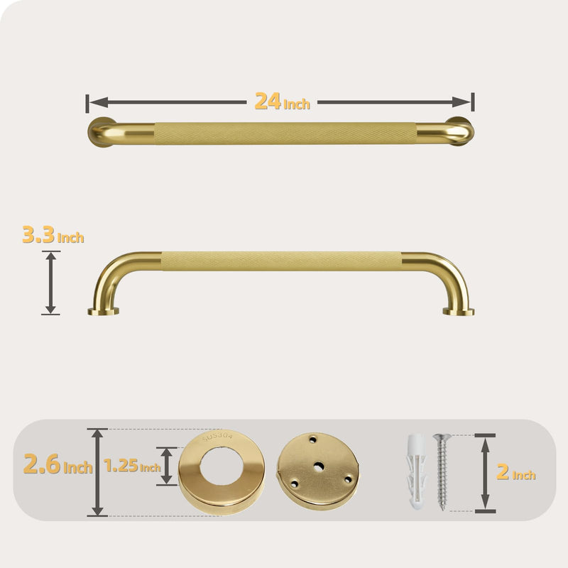 24 Inch Shower Grab Bar, Brushed Gold Bathroom Grab Bar Handle with Anti-Slip Knurled Grip, Stainless Steel Bath Balance Bar, 1.25" Diameter Bath Safety Bar Support for Seniors Elderly Pregnant 24 IN