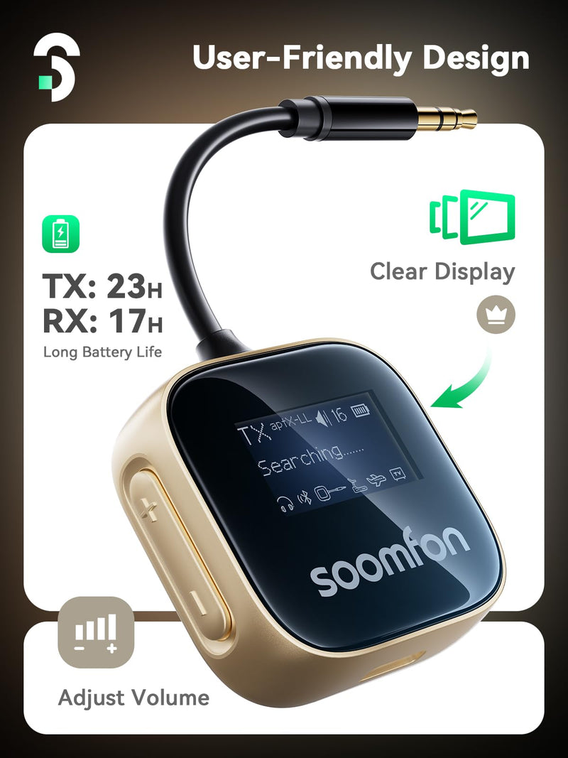 SOOMFON aptX-LL Bluetooth 5.3 Transmitter Receiver for TV to 2 Headphones | Airplane Bluetooth Adapter Low Latency with LCD Display 3.5mm for Plane Flying Gym Car Home Stereo System 23H Long Playtime