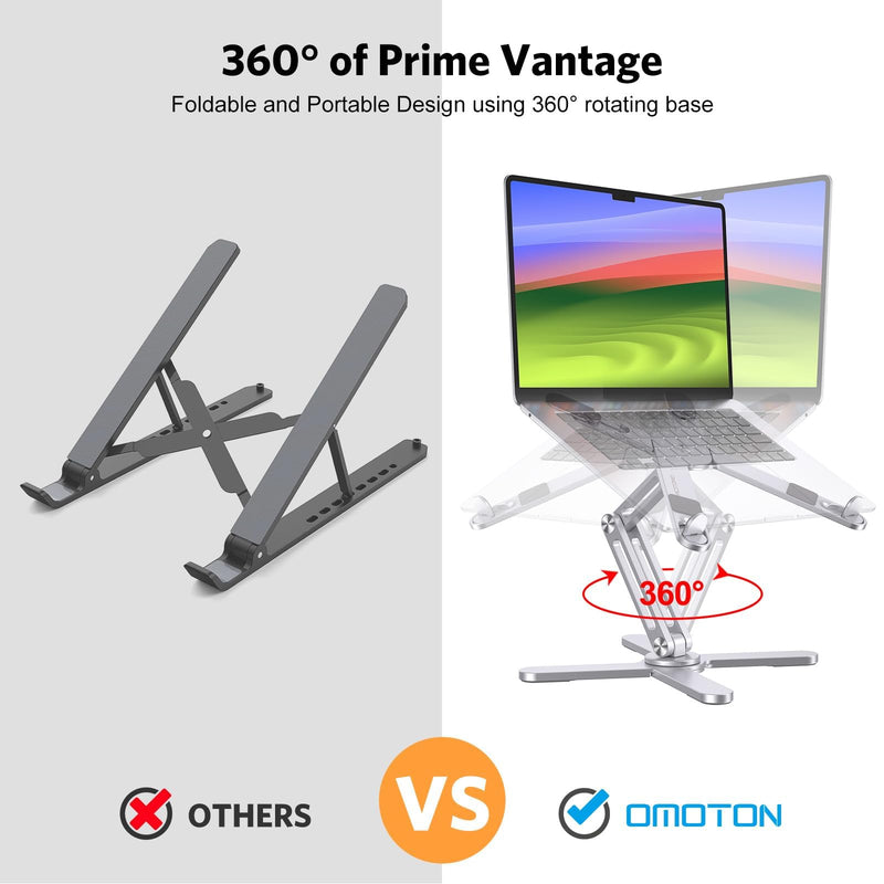 OMOTON 360° Rotating Laptop Stand Riser for Desk, Ergonomic Foldable Computer Stand Adjustable Height Angles for Collaborative Work, Easy Storage Fit Macbooks,All Laptops up to 16 inches, Silver