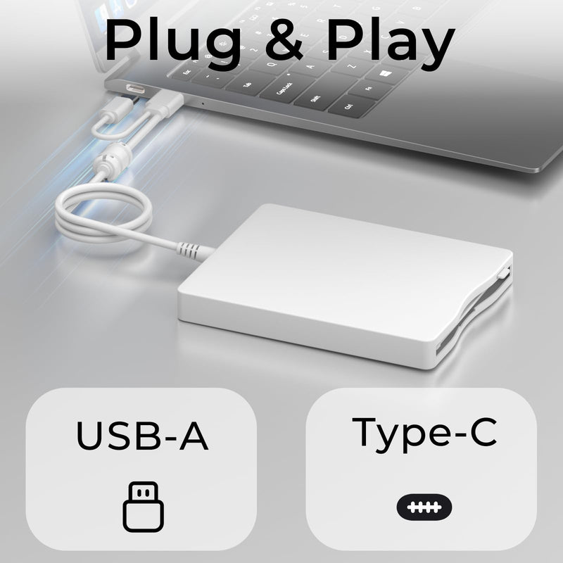 USB Floppy Drive, 3.5" External USB & Type-C Floppy Disc Reader, External Floppy Disk Drive Portable 1.44 MB Plug and Play FDD for PC Windows XP 7 8 10 11(White) 8 inch Floppy Drive-white