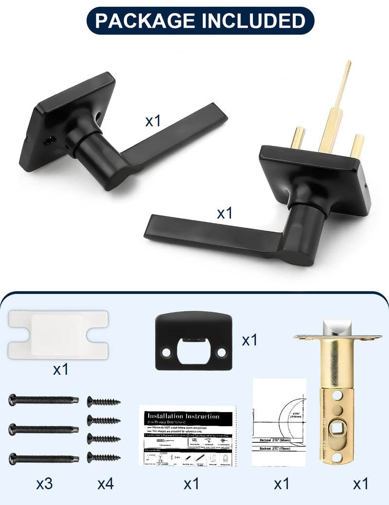 Mengico 1 Pack Passage Door Levers Black Finish, Heavy Duty Interior Door Handles for Closet and Hallway, No-Locking Keyless Square Door Knob, Reversible for Left or Right