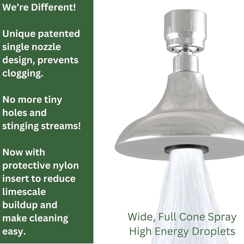High Sierra® HALF DOME® Solid Metal 1.8 GPM Award Winning. Low Flow Shower Head. Lead-Free. Patented Nozzle Never Clogs - Polished Chrome Finish