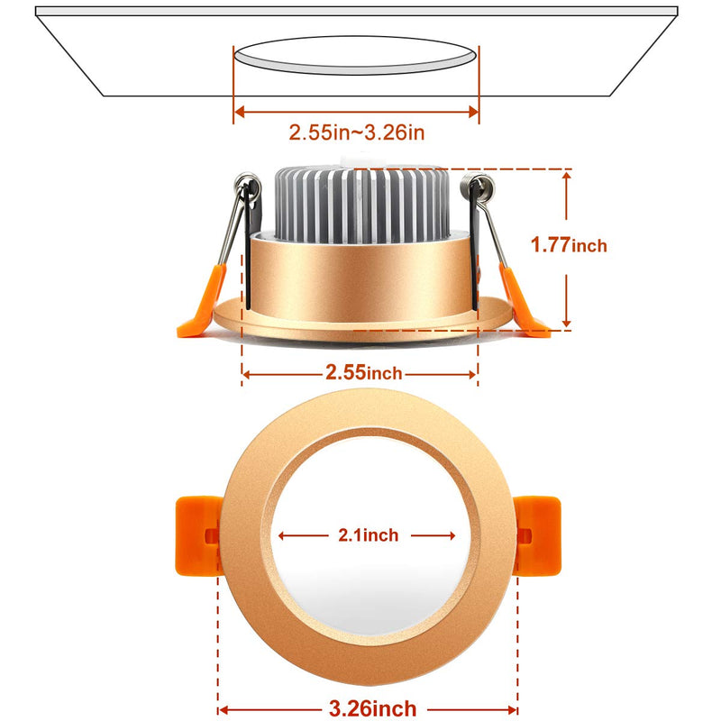 YGS-Tech 3 Inch LED Recessed Lighting, Dimmable Downlight 5W(40W Halogen Equivalent), 3000K Warm White Ceiling Light, CRI80, Gold Trim with LED Driver(4 Pack) 3000k (Warm White) Gold-3Inch-4Pack