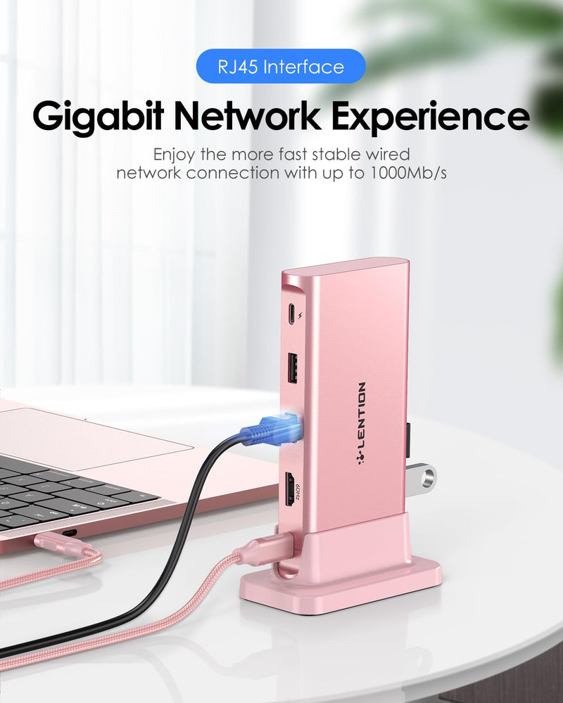 LENTION USB C Docking Staion 4K@60Hz, Ethernet, 5xUSB Ports, 100W PD, Audio | 9 in 1 Dock, 3.3ft Long Cable, Detachable Design, No Driver, Compatible with macOS, Windows & ChromeOS (D53, Rose Gold)