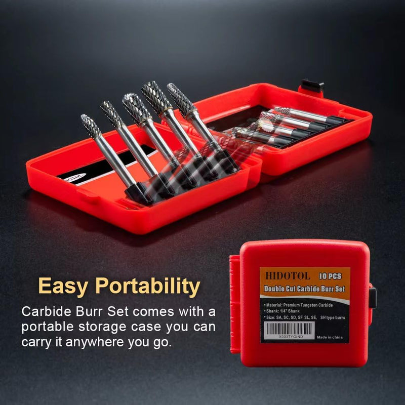 HIDOTOL Carbide Burr Set 1/4" Shank 10PC Tungsten Double Cut Carbide Rotary Burr Set for Metal and Wood Carving, Grinding, Polishing, Engraving, Drilling in Plastic Box. 10PC 1/4 shank
