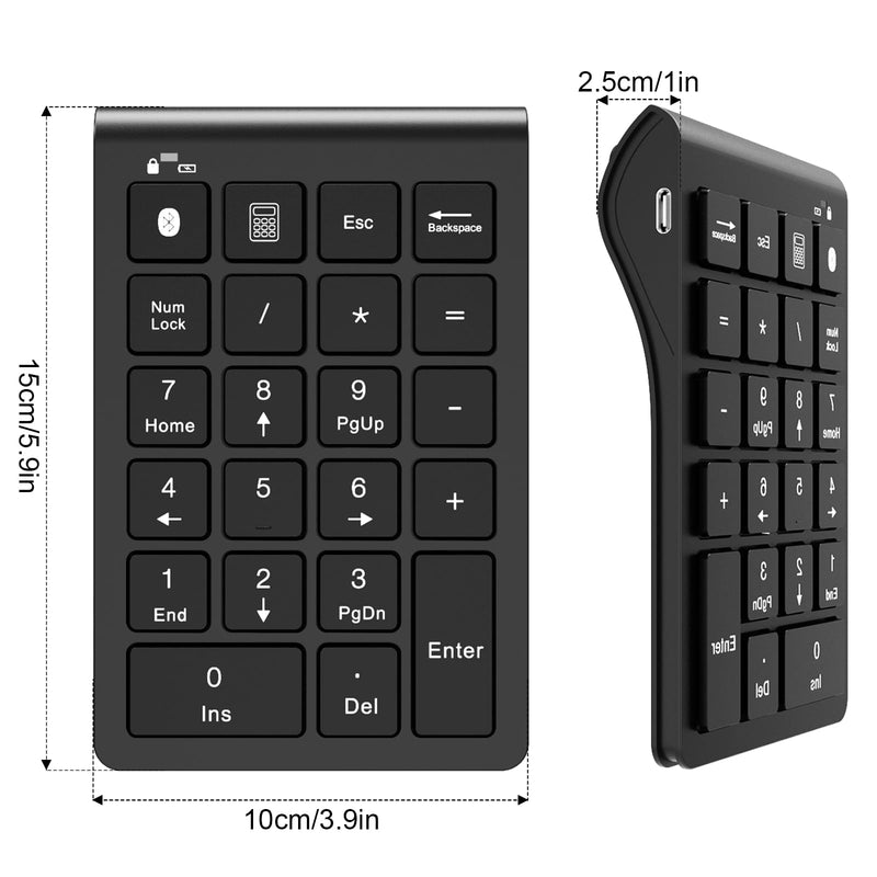 Bluetooth Number Pad Wireless & Wired 10 Key USB Keypad Two in One, Rechargeable Numpad for Laptops, Desktop, Computers Accessories Compatible with MacBook iPads ChromeBook EliteBook Notebook etc. Black