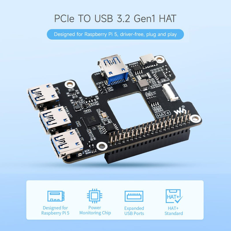 Waveshare PCIe to USB 3.2 Gen1 HAT for Raspberry Pi 5, PCIe to USB HUB, 4X High Speed USB Ports, No Driver Required, Plug and Play, HAT + Standard