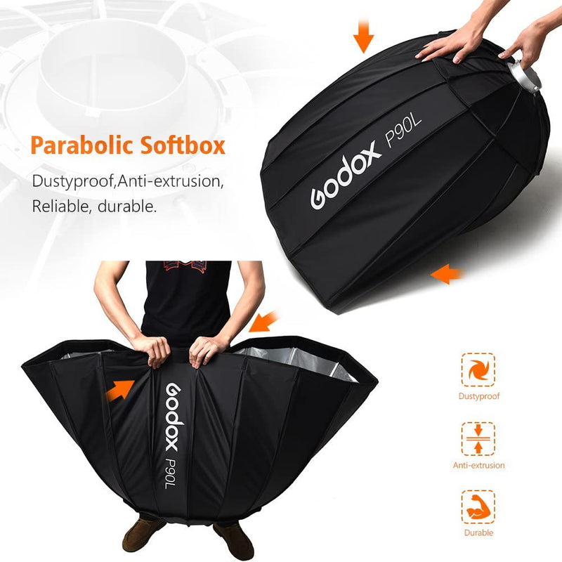 Godox P90L 90cm 35.5 inch Portable Deep Parabolic Softbox Bowens Mount Studio Flash Reflector Photo Studio Softbox for Studio Flash SK400II DP600II DP400II DE300 DE400 and Outdoor Flash AD600 AD600BM