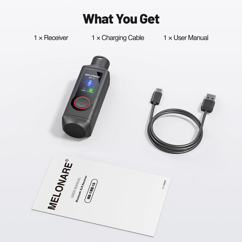 MELONARE Wireless XLR Bluetooth Receiver 15H BT 5.3 MB-1S | High-fidelity audio, 150 ft range, 1-pack mono Bluetooth adapter for speakers, PA systems, mixers and DJ equipment