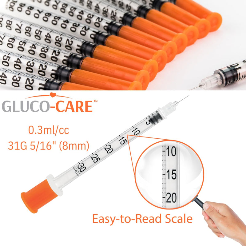 GLUCO-CARE 0.3 ml/cc Syringes 31G x 5/16’’ (8mm), Orange Cap, Box of 100 pcs 0.3ml 31G 5/16"