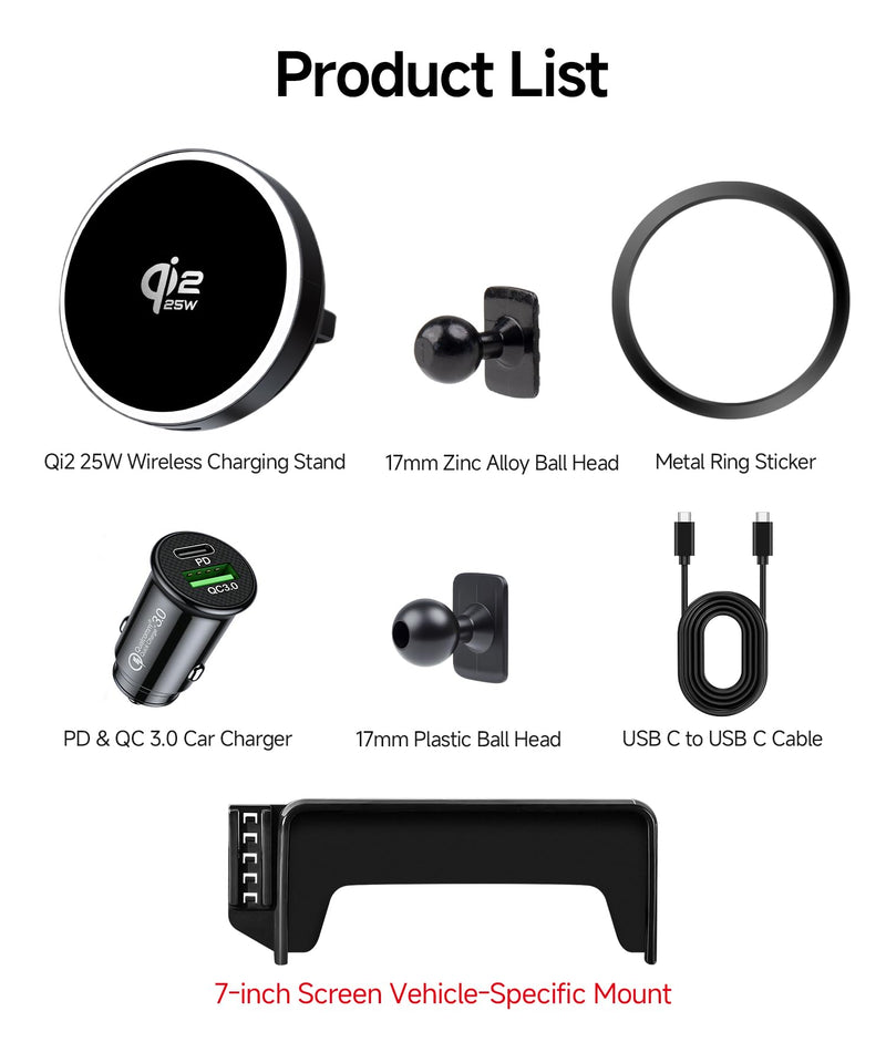 Qi2.2 25W Wireless Charger Car Phone Mount for Mercedes-Benz GLC 2016-2019 | C-Class 2015-2018, 7" Screen Magsafe Magnetic Accessories Fast Charging Cell Phone Holder Clip Compatible with iPhone Android