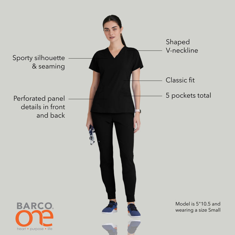 BARCO ONE Women's Pulse Scrub Top, Sporty V-Neck Medical Top w/ 4-Way Stretch & 5 Pockets Large Black
